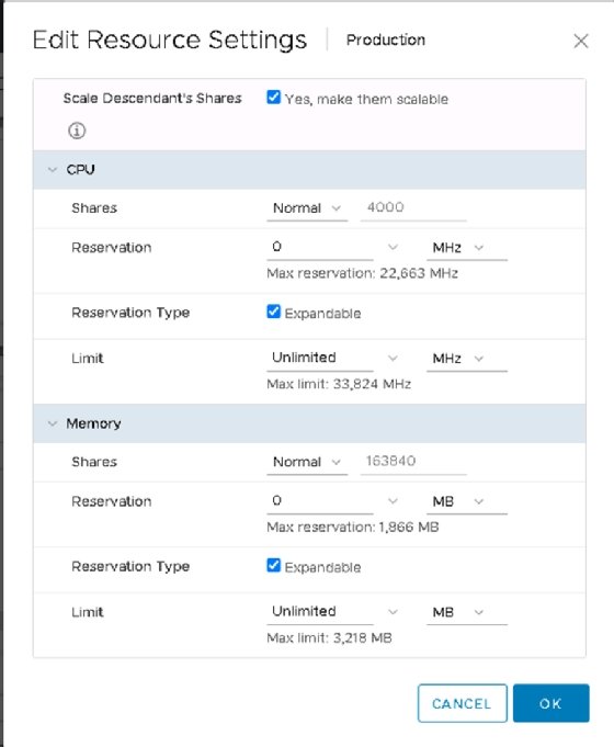 Screenshot of vSphere resource settings