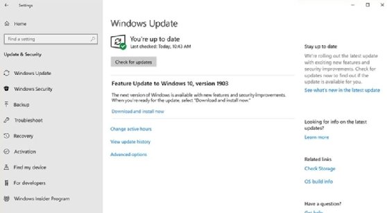This screenshot shows the option to install the latest Windows 10 update, giving control back to IT admins in updating their organization's systems.