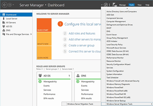 Server Manager Tools menu