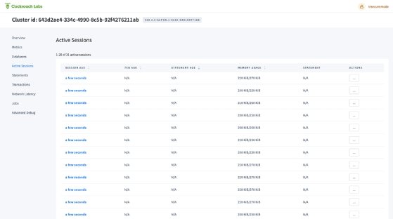 Screenshot of CockroachDB active session overview