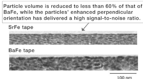Microscopic images of the cross-section of tapes' magnetic layers showing the difference between barium ferrite (BaFe) and strontium ferrite (SrFe) magnetic particles