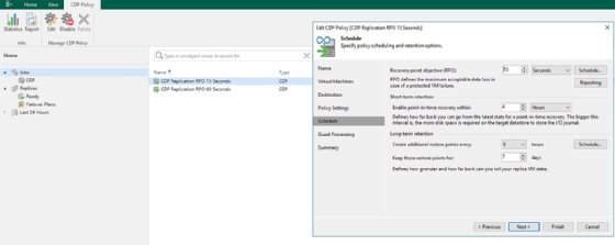 Screenshot of continuous data protection in Veeam Backup and Replication v11