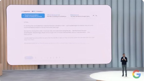 Sundar Pichai on stage at Google I/O.