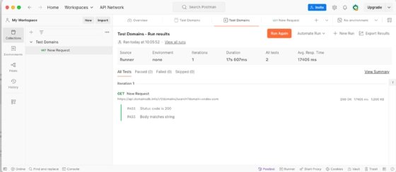 An image of a Postman test run.