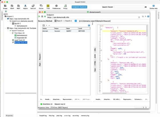 Image of SoapUI testing the DomainsDB API.