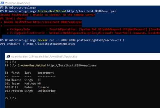 Verification that endpoint is not available because the Docker image wasn't run in a container.
