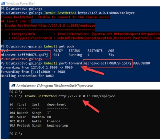 The Invoke-RestMethod PowerShell cmdlet pulls up the correct information from the containerized REST API.