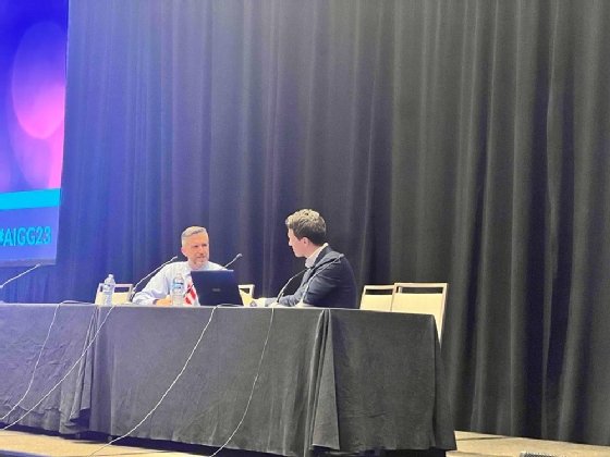 Connecticut state senator James Maroney and Kier Lamont on stage at AI Governance Global 2023 conference.