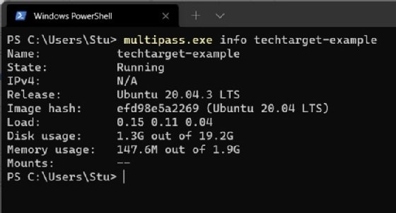 Multipass info displays the name, state, IPv4, release, image hash, load, disk usage, memory usage and mounts information.