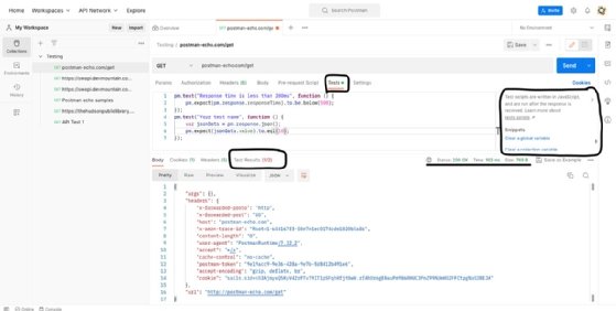 Screenshot of Postman's 'Tests tab' screen