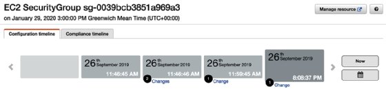 Screenshot of AWS Config configuration history of an EC2 security group