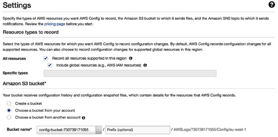 Screenshot of AWS Config configuration recorder settings