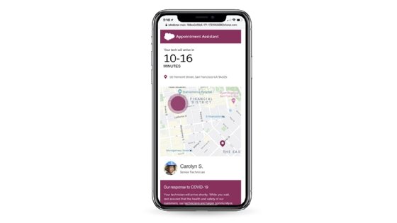 Photo of a cellphone showing a map detailing a service technician's current location and a note about when they should arrive at the customer site.