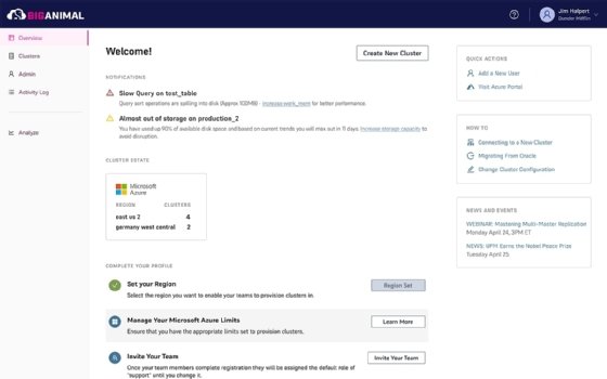 Screenshot of EDB BigAnimal platform