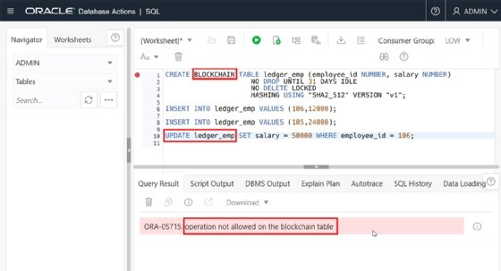 Screenshot of blockchain table in new Oracle database