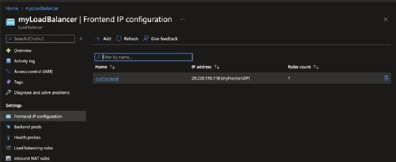 The screenshot displays the load balancer page in the Microsoft Azure portal. On the left, the 'Settings' tab displays the selected 'Frontend IP configuration' tab.