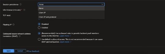 The screenshot displays the 'Session persistence' tab of the Azure load balancer page and the algorithm options available.
