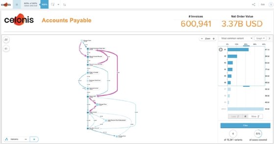 Celonis process mining software's process variant analysis dashboard.