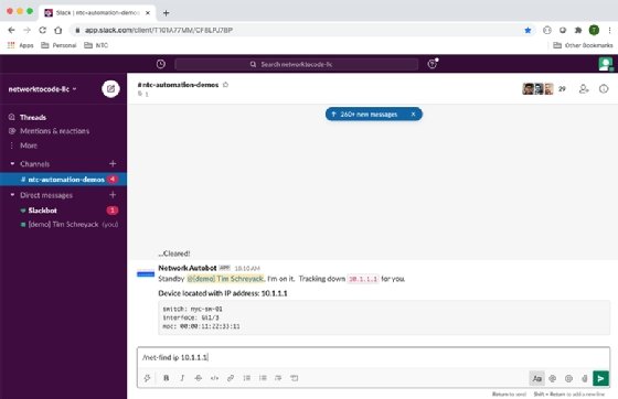 ChatOps screenshot /net-find ip 10.1.1.1 function, Tim Schreyack at NetworkToCode