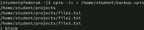 Linux screenshot showing commands for cpio restore.