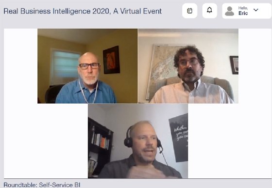 A panel discusses self-service business intelligence during Real Business Intelligence 2020, the virtual conference hosted by Dresner Advisory Services.