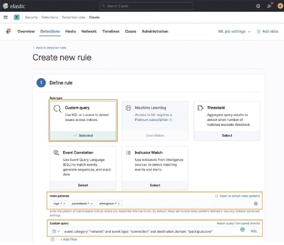 Screenshot of creating a new rule in Elastic Stack Security app