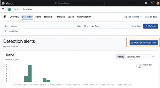 Screenshot of Elastic Stack Security app Detection alerts view