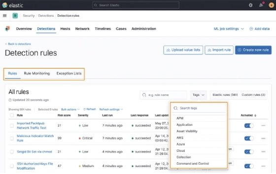Screenshot of Elastic Stack Security app Detection rules
