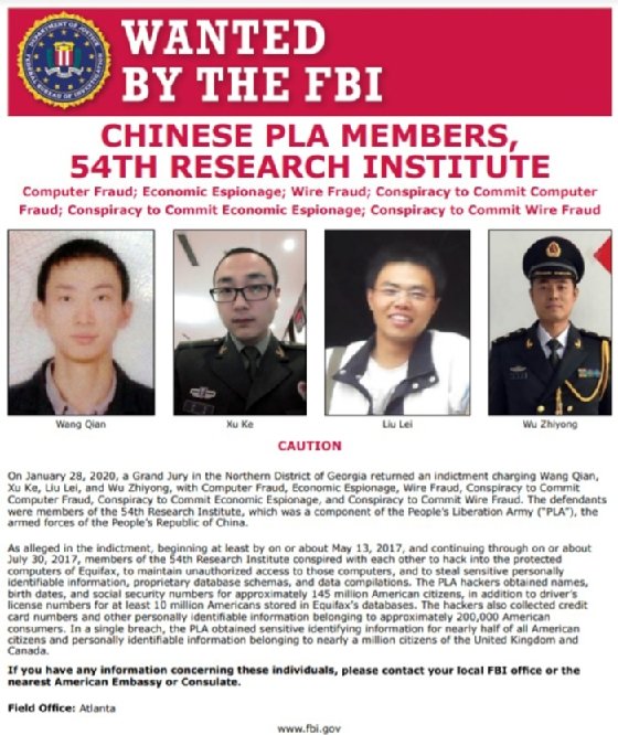Wanted poster for four members of the Chinese People's Liberation Army