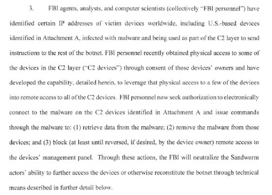 Image of FBI warrant ordering copy and removal of Cyclops Blink malware 