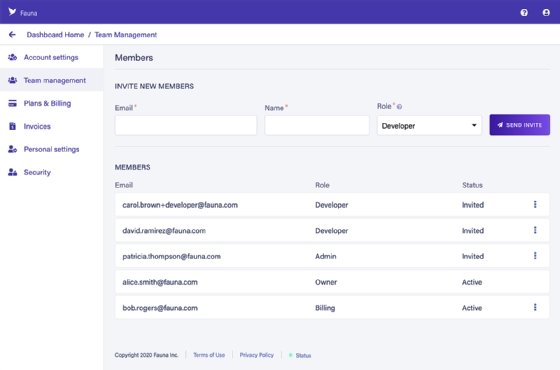 Screenshot of Fauna dashboard