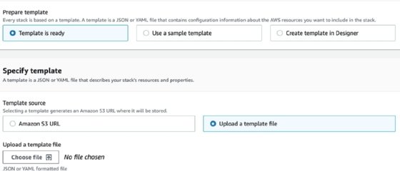Select the 'Ready the template' and 'Upload a template file' options in CloudFormation