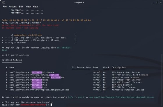 Screenshot of searching for 'portscan' in the Metasploit Framework