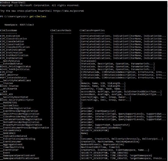 Different CIM classes represented in PowerShell screenshot.