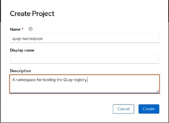 Screenshot showing the 'Create Project' page in OpenShift, with the project name as 'quay-namespace', display name blank and the description saying 'A namespace for hosting the Quay registry'