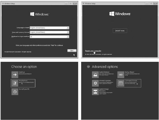 An image with four Windows setup screens.