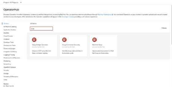 Screenshot showing the OperatorHub, with the 'quay' item highlighted