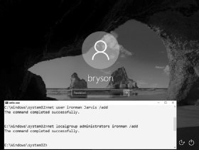 An image of a lock screen with the message, 'C:\Windows\system32>net user ironman Jarvis /add.'