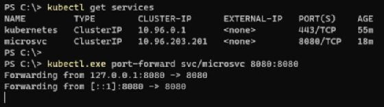 The kubectl get services command returns a list of running services; kubectl port-forward command moves the port to localhost.