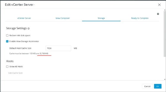 Screenshot of Horizon 8 storage settings