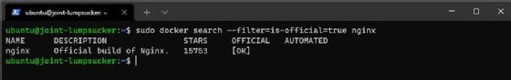 Screenshot of a Docker search for official images