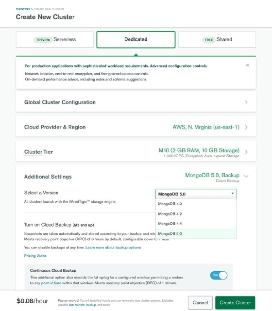 Screenshot of MongoDB 5.0 on Atlas Cloud