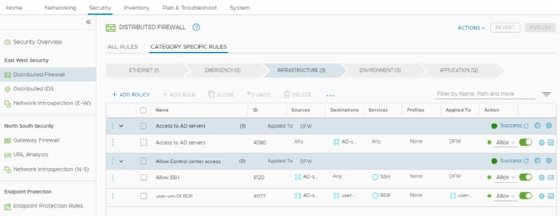 Screenshot of NSX distributed firewall east-west security interface