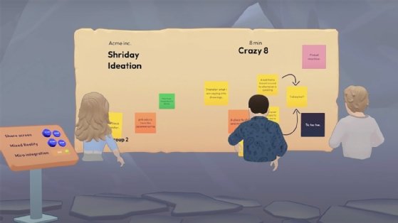 Screenshot showing employee avatars collaborating on a virtual whiteboard through the integration of Naer with Miro.