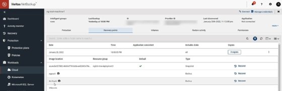 Screenshot of multi-cloud recovery points available in Veritas NetBackup 10