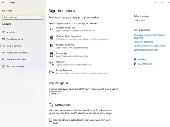 Windows Hello Sign-in Options