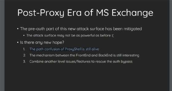 'Post-Proxy Era of MS Exchange' presentation slide by Orange Tsai