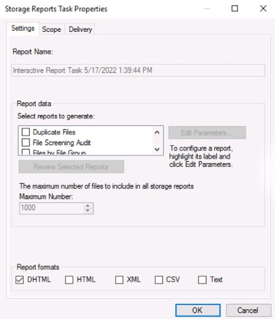 settings tab in file server resource manager for reports