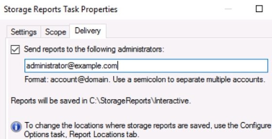 delivery tab in file server resource manager for reports