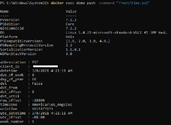 output showing PowerShell version on Ubuntu container and the time based on public IP location